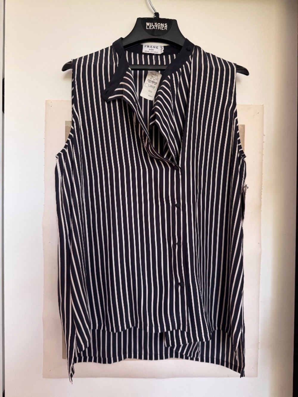 NWT FRAME 100% Silk Classic Stripe Sleeveless Blouse Navy - L